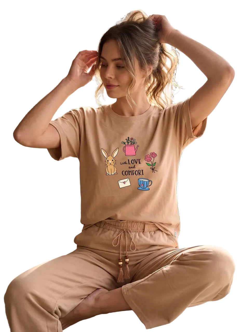 Women’s Cotton Pajama Set – Beige Short Sleeve Graphic Sleepwear & Wide Leg Lounge Pants | SM6154A