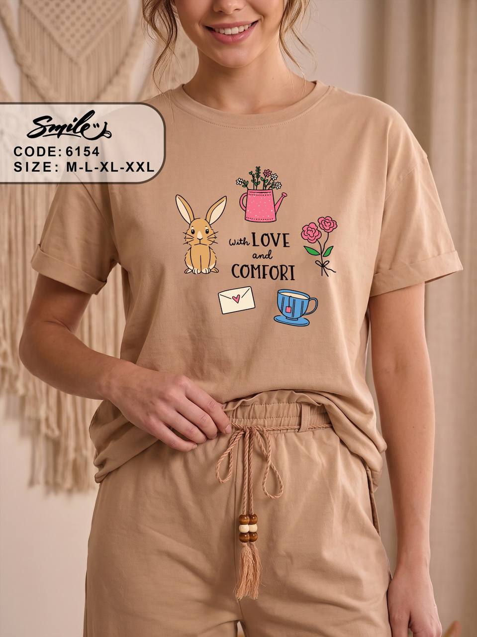 Women’s Cotton Pajama Set – Beige Short Sleeve Graphic Sleepwear & Wide Leg Lounge Pants | SM6154A