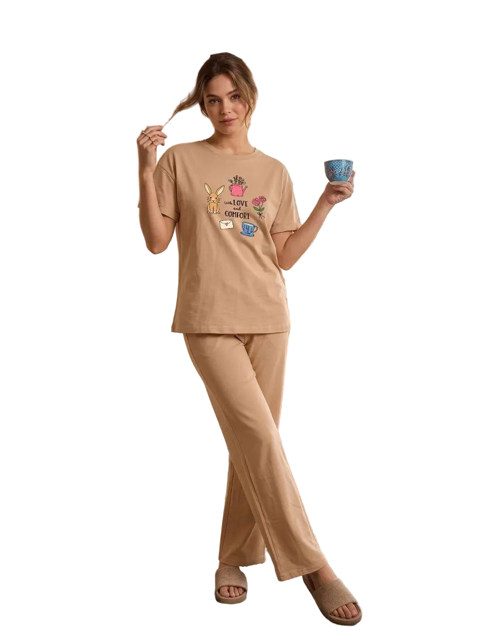 Women’s Cotton Pajama Set – Beige Short Sleeve Graphic Sleepwear & Wide Leg Lounge Pants | SM6154A