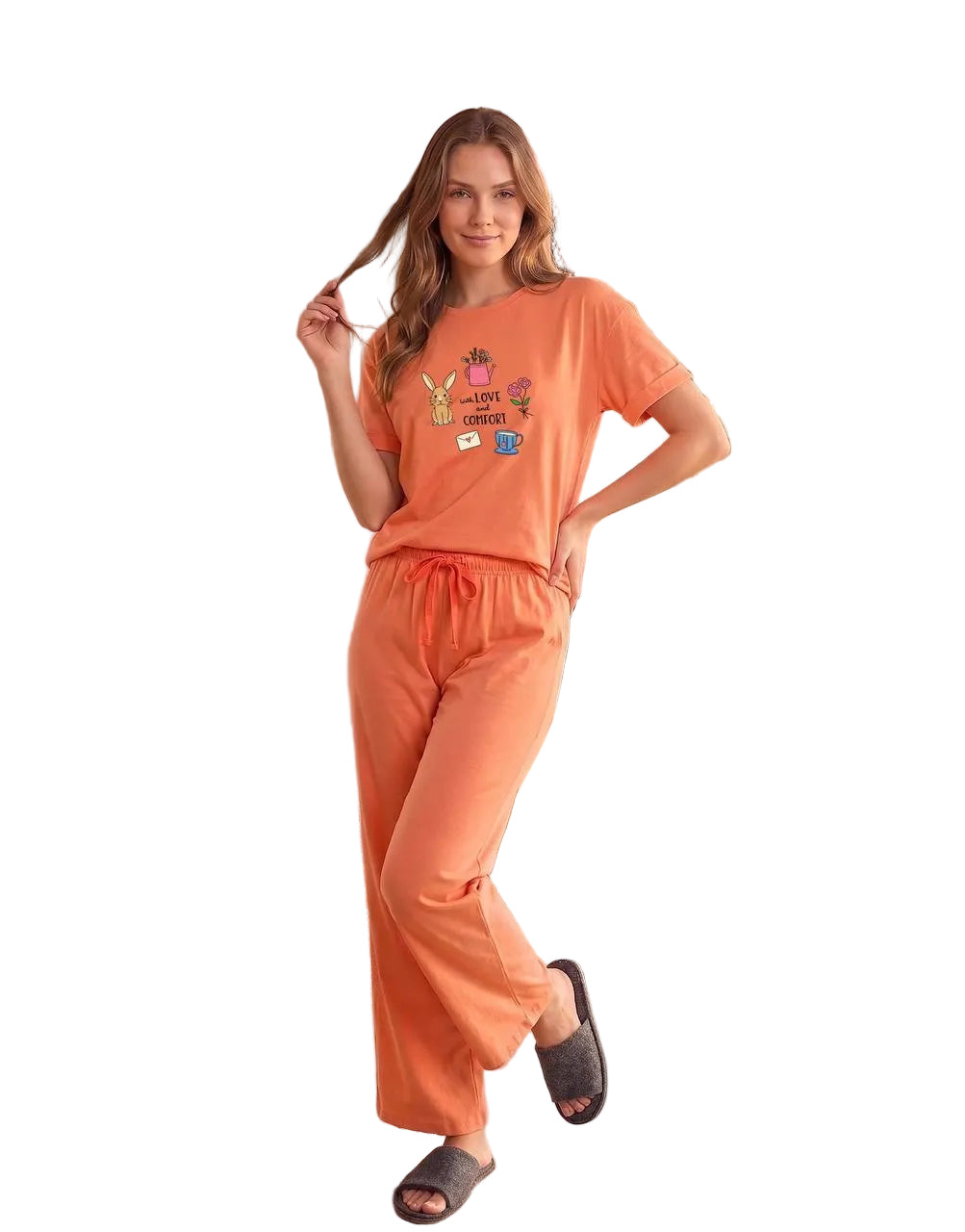 Women’s Cotton Pajama Set – Love & Comfort Print Short Sleeve Top & Full Length Pants, Soft Loungewear Sleepwear|SM6154