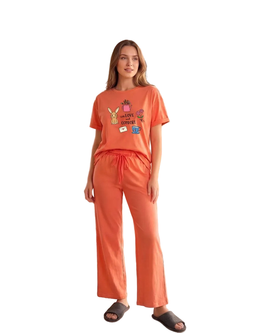 Women’s Cotton Pajama Set – Love & Comfort Print Short Sleeve Top & Full Length Pants, Soft Loungewear Sleepwear|SM6154
