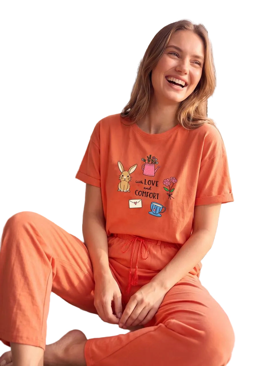 Women’s Cotton Pajama Set – Love & Comfort Print Short Sleeve Top & Full Length Pants, Soft Loungewear Sleepwear|SM6154