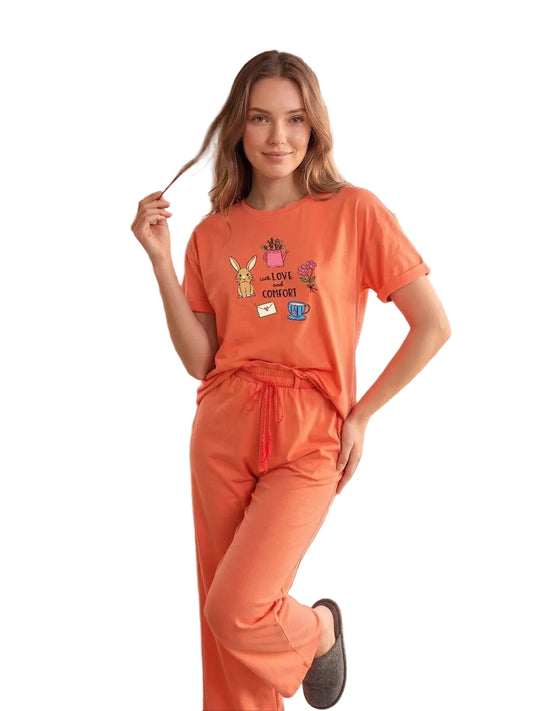 Women’s Cotton Pajama Set – SM6154C - Love & Comfort Print Short Sleeve Top & Full Length Pants, Soft Loungewear Sleepwear|SM6154C