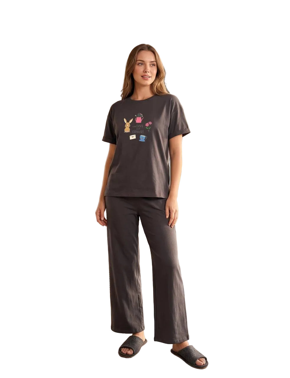 Women’s Cotton Pajama Set – Love & Comfort Bunny Print Short Sleeve Top & Full Length Pants, Soft Lounge Sleepwear, Charcoal Gray |SM6154D