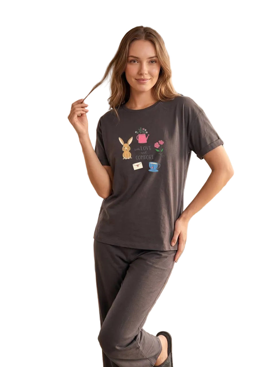 Women’s Cotton Pajama Set – Love & Comfort Bunny Print Short Sleeve Top & Full Length Pants, Soft Lounge Sleepwear, Charcoal Gray |SM6154D