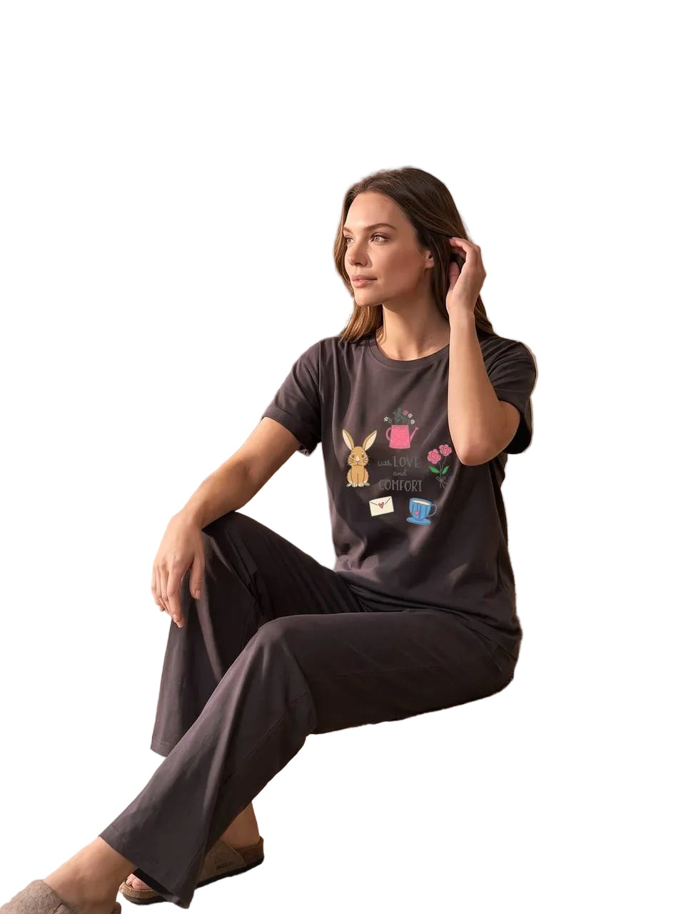 Women’s Cotton Pajama Set – Love & Comfort Bunny Print Short Sleeve Top & Full Length Pants, Soft Lounge Sleepwear, Charcoal Gray |SM6154D
