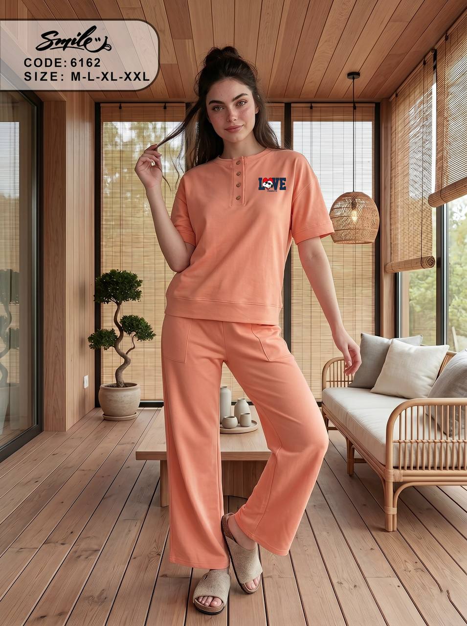 Women’s Cotton Pajama Set – LOVE Embroidered Henley Short Sleeve Top & Wide Leg Pants, Soft Lounge Sleepwear, Peach |SM6162C