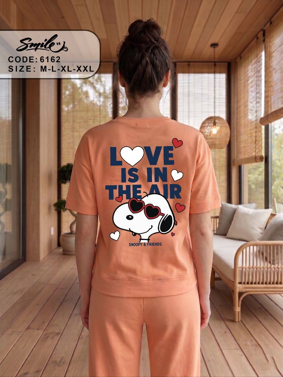 Women’s Cotton Pajama Set – LOVE Embroidered Henley Short Sleeve Top & Wide Leg Pants, Soft Lounge Sleepwear, Peach |SM6162C