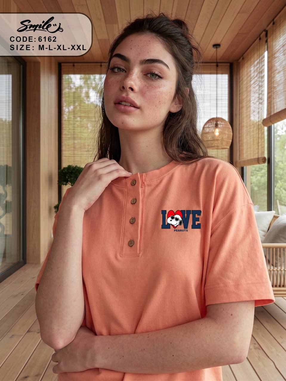 Women’s Cotton Pajama Set – LOVE Embroidered Henley Short Sleeve Top & Wide Leg Pants, Soft Lounge Sleepwear, Peach |SM6162C