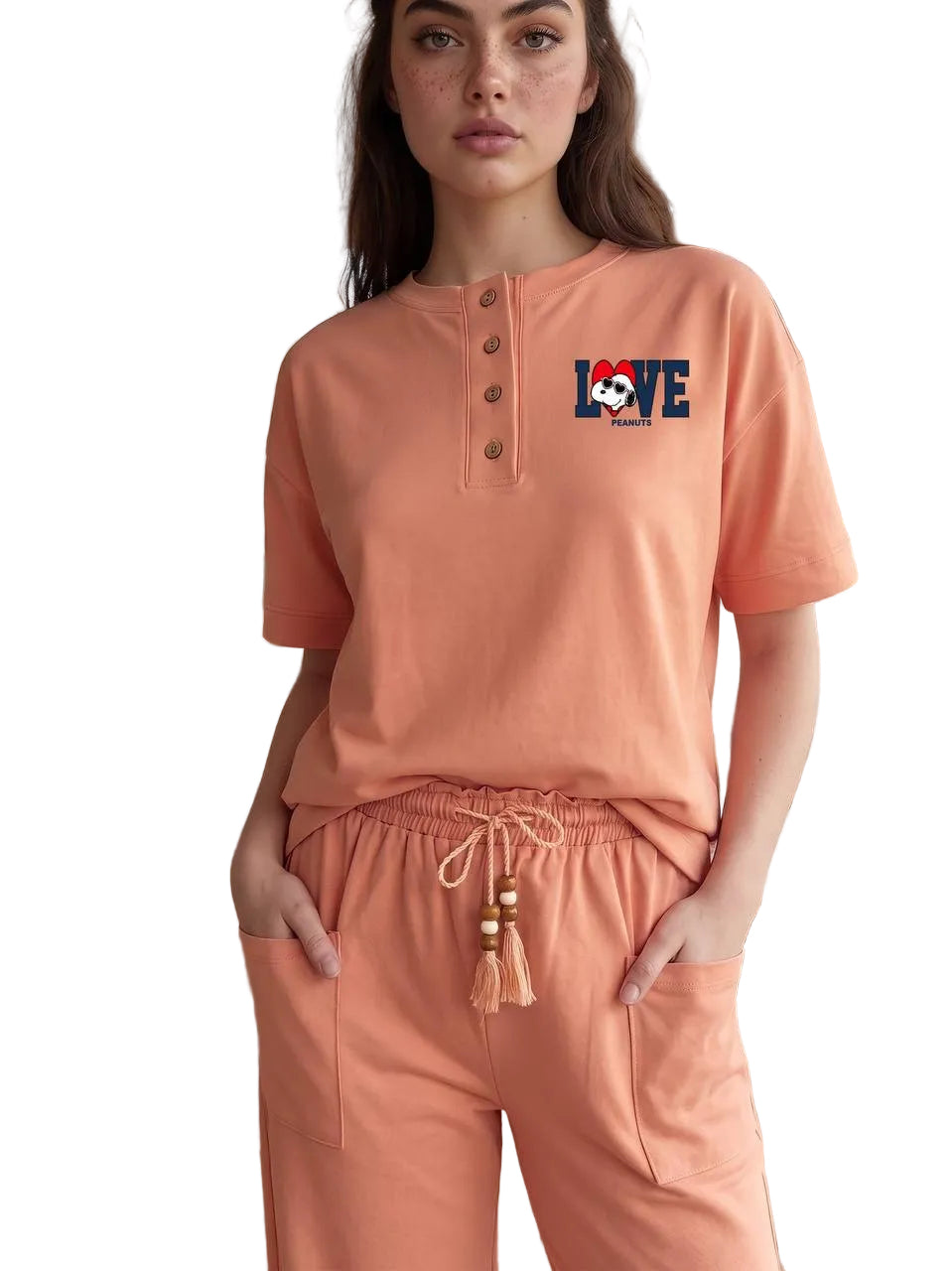Women’s Cotton Pajama Set – LOVE Embroidered Henley Short Sleeve Top & Wide Leg Pants, Soft Lounge Sleepwear, Peach |SM6162C