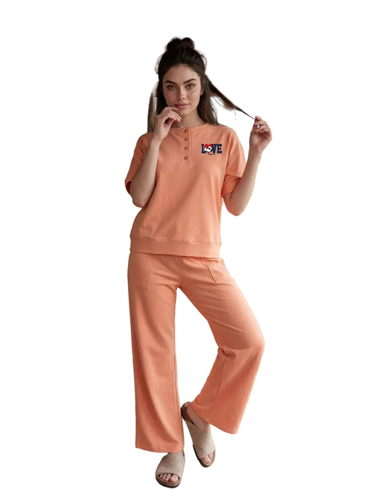 Women’s Cotton Pajama Set SM6162C – LOVE Embroidered Henley Short Sleeve Top & Wide Leg Pants, Soft Lounge Sleepwear, Peach |SM6162C