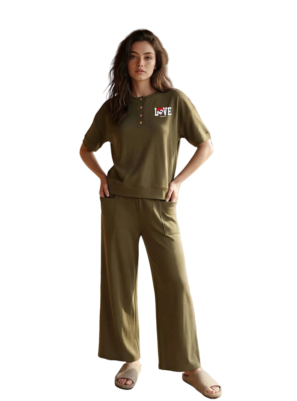 Women’s Cotton Pajama Set – LOVE Peanuts Graphic Henley Short Sleeve Top & Wide Leg Pocket Pants, Soft Lounge Sleepwear, Olive Green | SM6162A