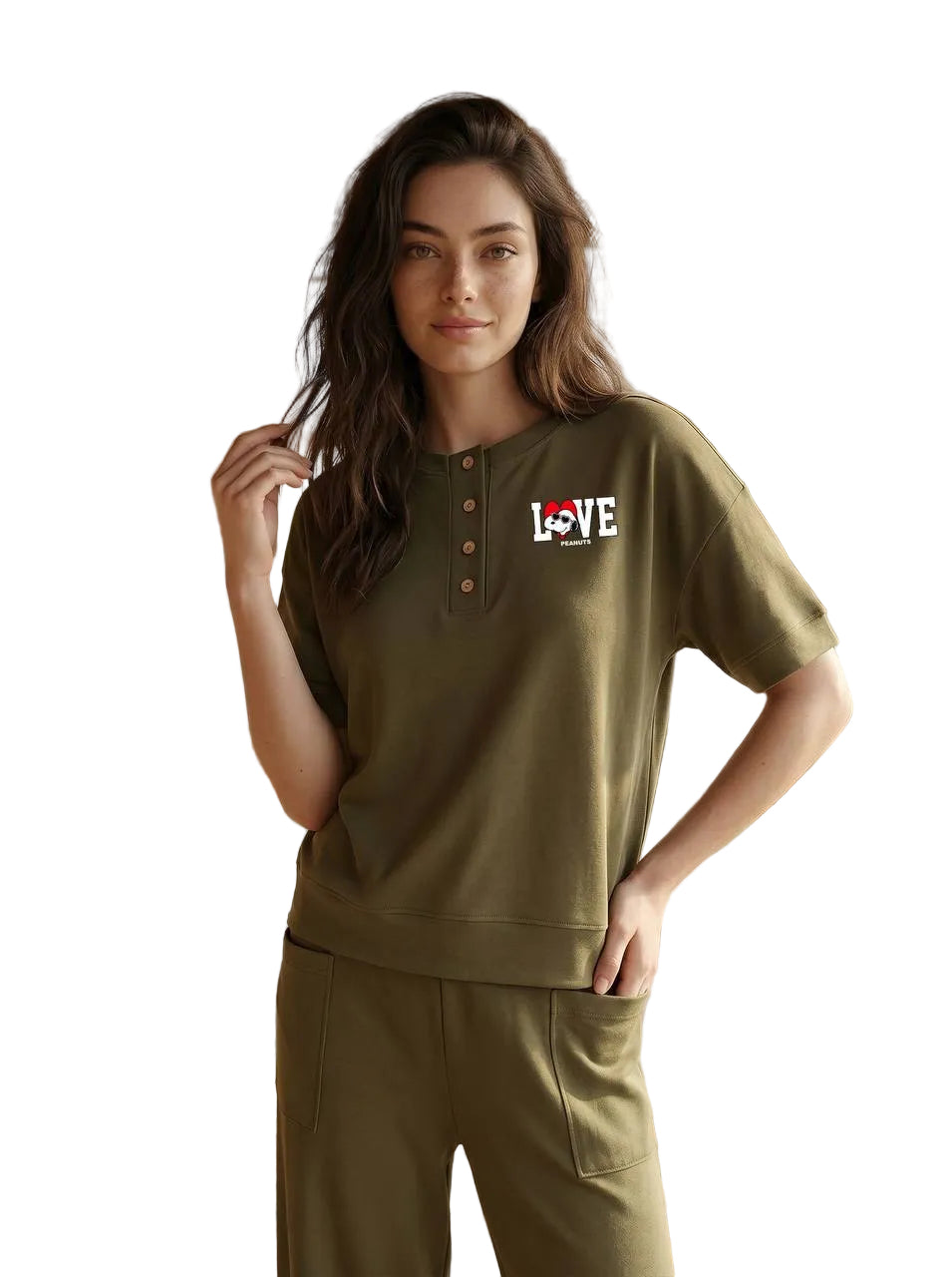 Women’s Cotton Pajama Set – LOVE Peanuts Graphic Henley Short Sleeve Top & Wide Leg Pocket Pants, Soft Lounge Sleepwear, Olive Green | SM6162A
