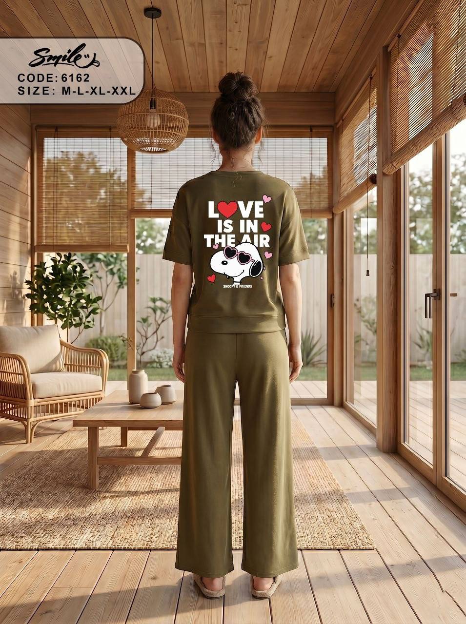 Women’s Cotton Pajama Set – LOVE Peanuts Graphic Henley Short Sleeve Top & Wide Leg Pocket Pants, Soft Lounge Sleepwear, Olive Green | SM6162A