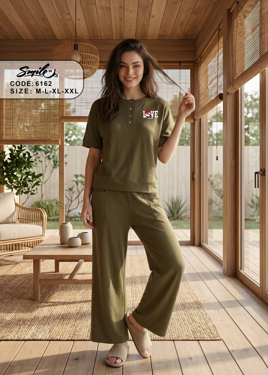 Women’s Cotton Pajama Set – LOVE Peanuts Graphic Henley Short Sleeve Top & Wide Leg Pocket Pants, Soft Lounge Sleepwear, Olive Green | SM6162A