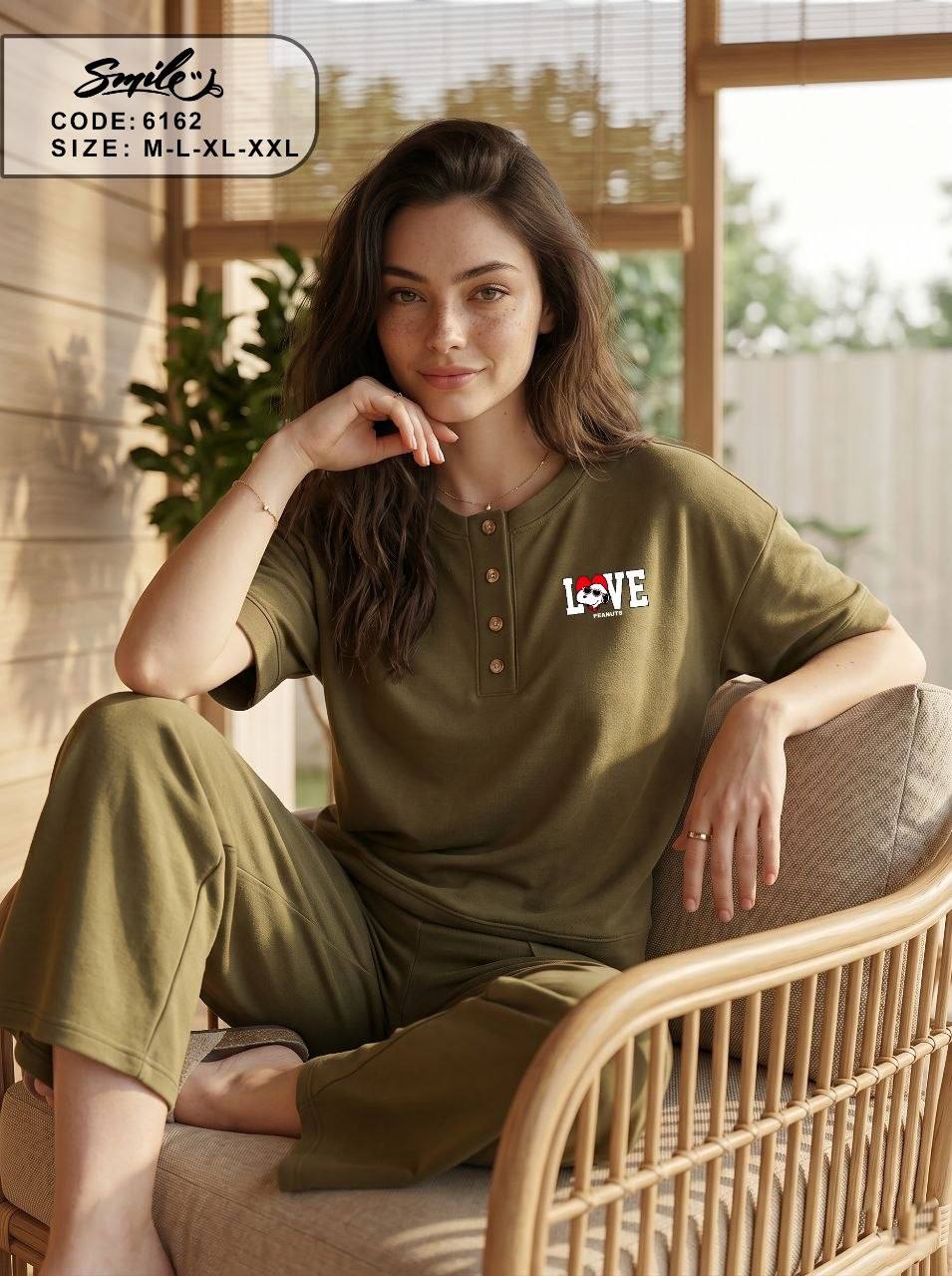 Women’s Cotton Pajama Set – LOVE Peanuts Graphic Henley Short Sleeve Top & Wide Leg Pocket Pants, Soft Lounge Sleepwear, Olive Green | SM6162A