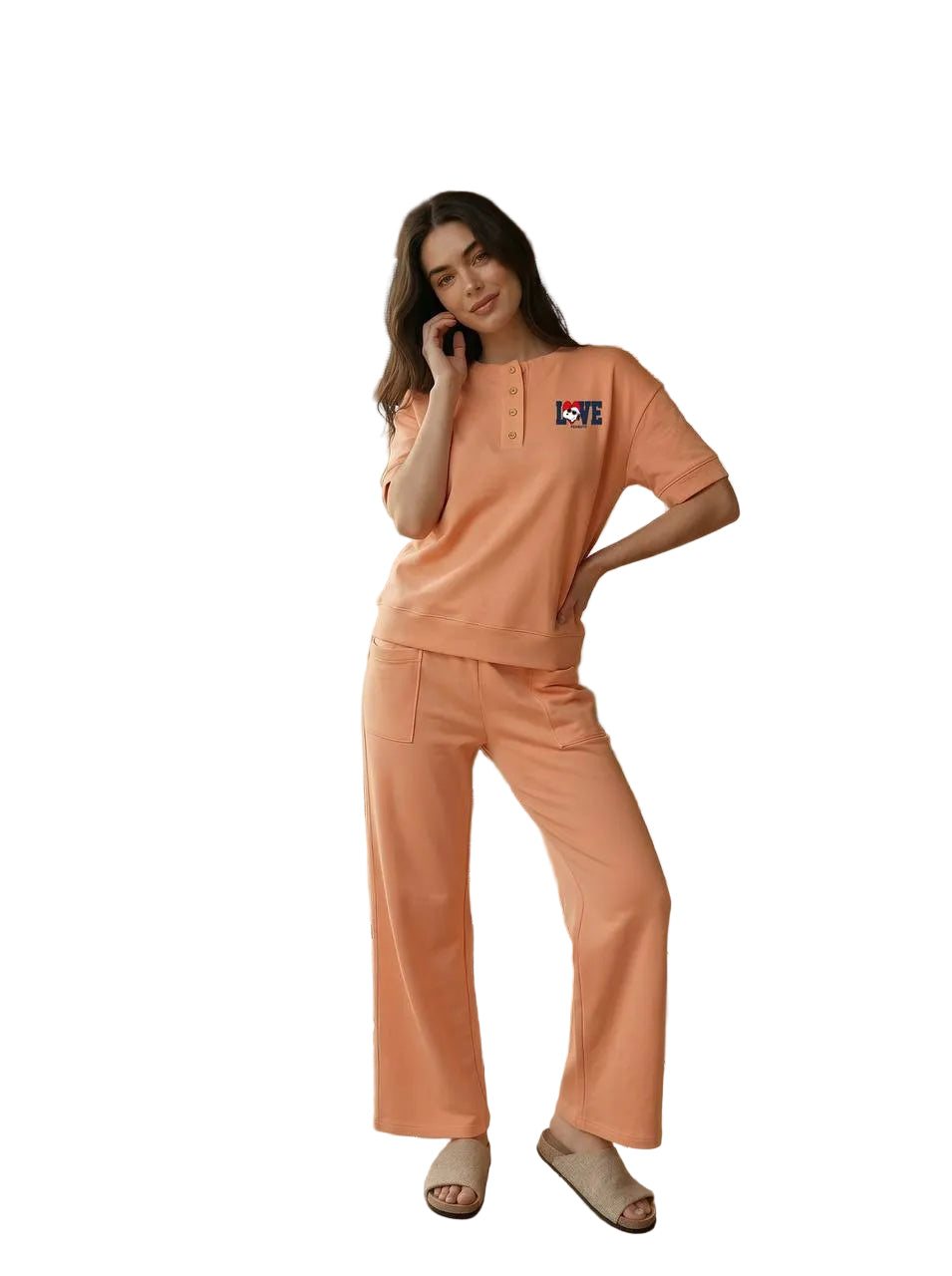 Women’s Peach Cotton Pajama Set with Wide Leg Pants – Short Sleeve Lounge & Sleepwear|SM6162B