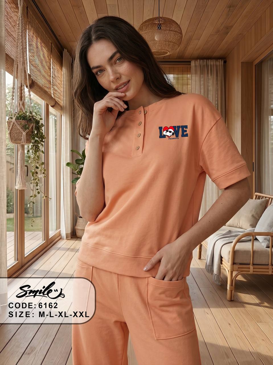 Women’s Peach Cotton Pajama Set with Wide Leg Pants – Short Sleeve Lounge & Sleepwear|SM6162B
