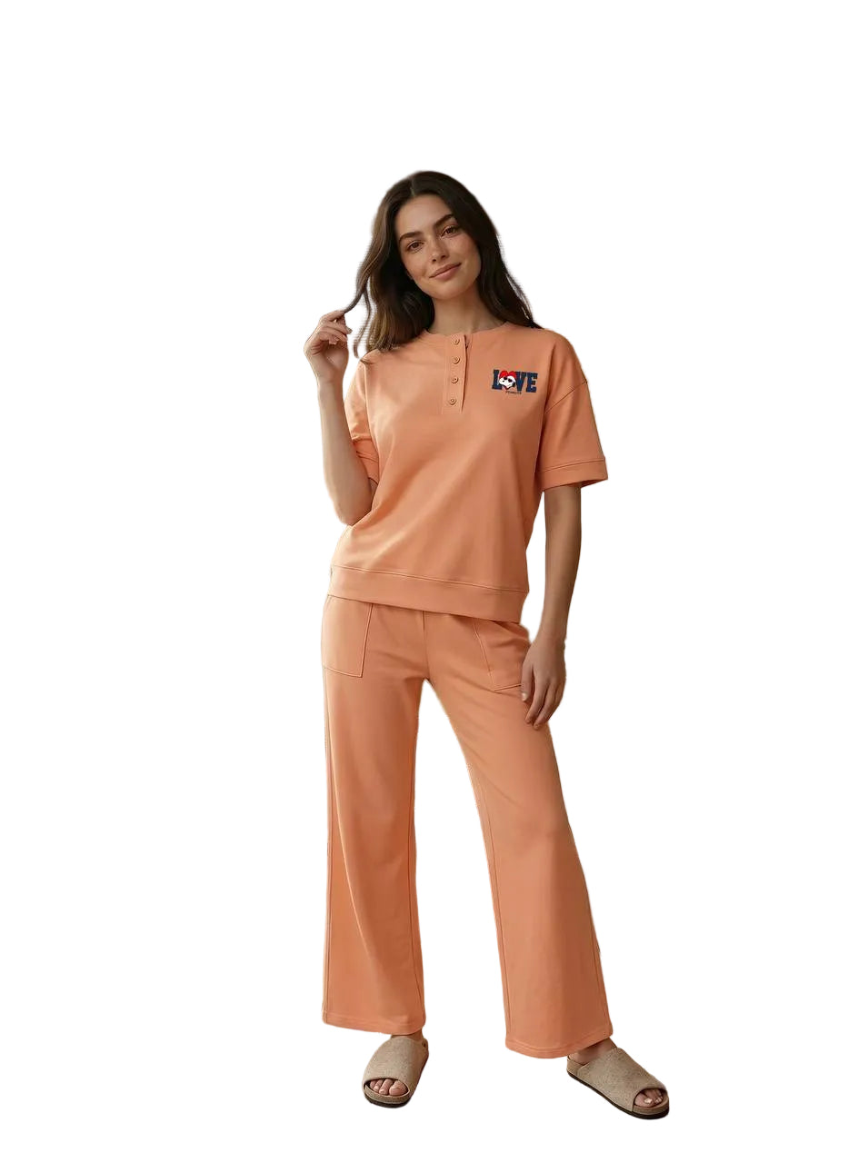 Women’s Peach Cotton Pajama Set with Wide Leg Pants – Short Sleeve Lounge & Sleepwear|SM6162B