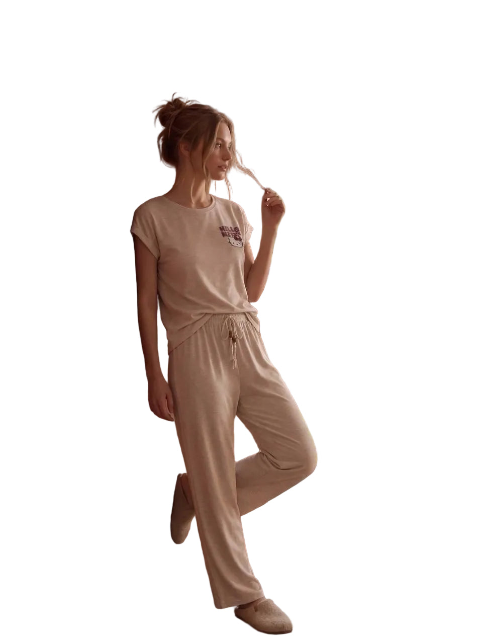 Women’s Hello Kitty Cotton Pajama Set – Short Sleeve Lounge & Sleepwear with Wide Leg Pants|SM6163