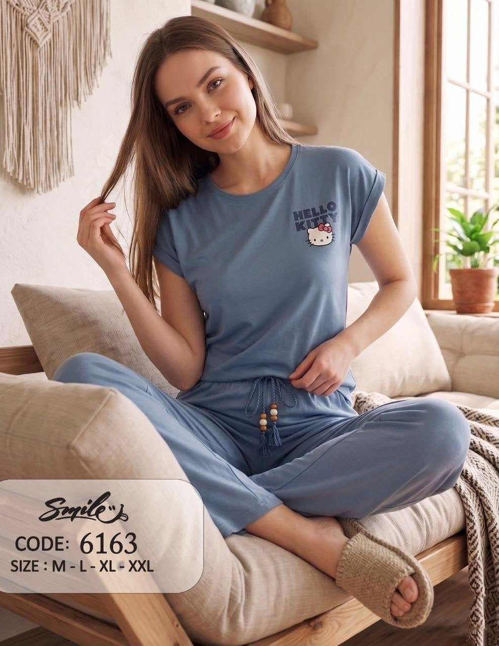 Women’s Hello Kitty Blue Pajama Set – Soft Cotton Short Sleeve Top & Wide Leg Pants Sleepwear |SM6163B