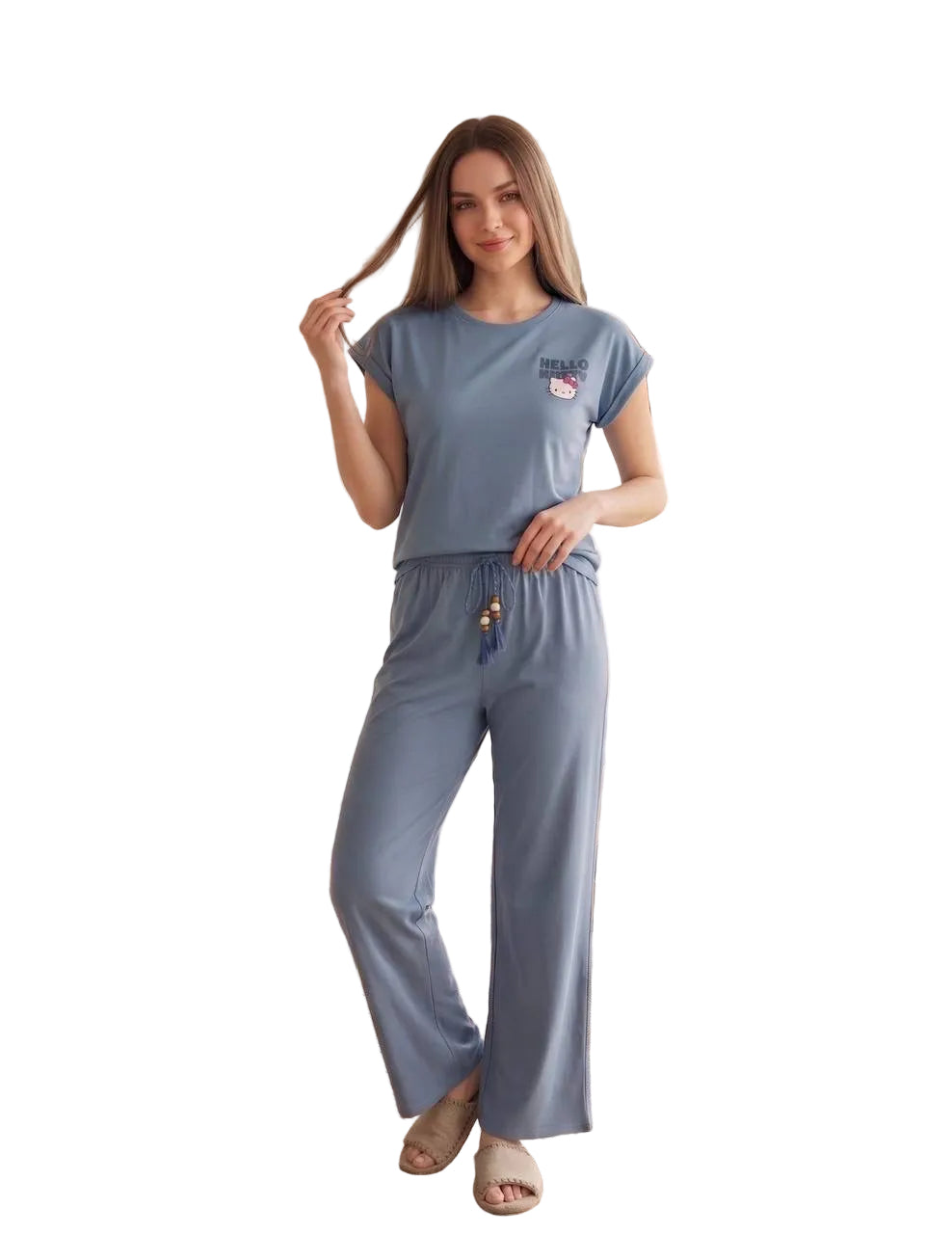 Women’s Hello Kitty Blue Pajama Set – Soft Cotton Short Sleeve Top & Wide Leg Pants Sleepwear |SM6163B