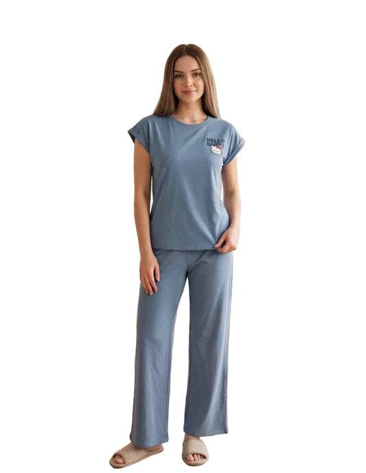Women’s Hello Kitty Blue Pajama Set – SM6163B - Soft Cotton Short Sleeve Top & Wide Leg Pants Sleepwear |SM6163B