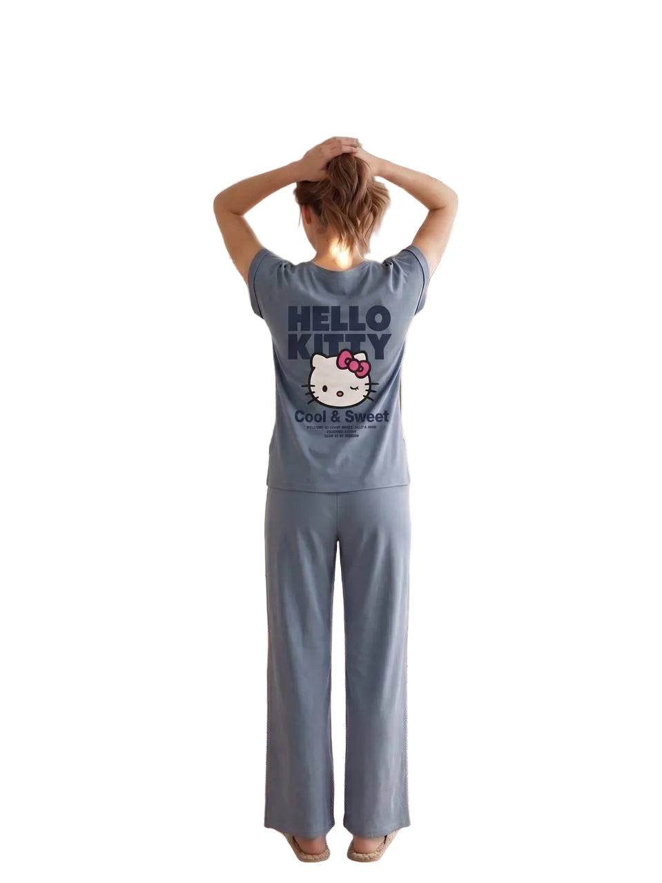 Women’s Hello Kitty Blue Pajama Set – Soft Cotton Short Sleeve Top & Wide Leg Pants Sleepwear |SM6163B