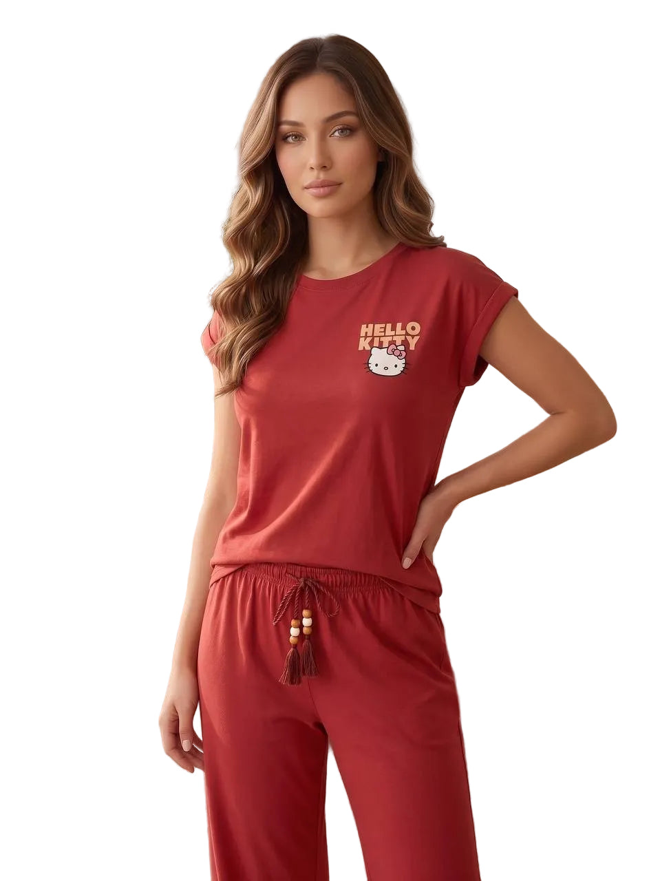 Women’s Hello Kitty Red Pajama Set – Soft Cotton Short Sleeve Top & Wide Leg Pants Lounge Sleepwear |SM6163C
