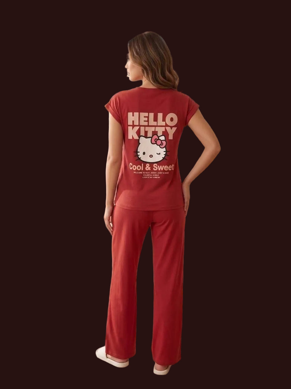 Women’s Hello Kitty Red Pajama Set – Soft Cotton Short Sleeve Top & Wide Leg Pants Lounge Sleepwear |SM6163C