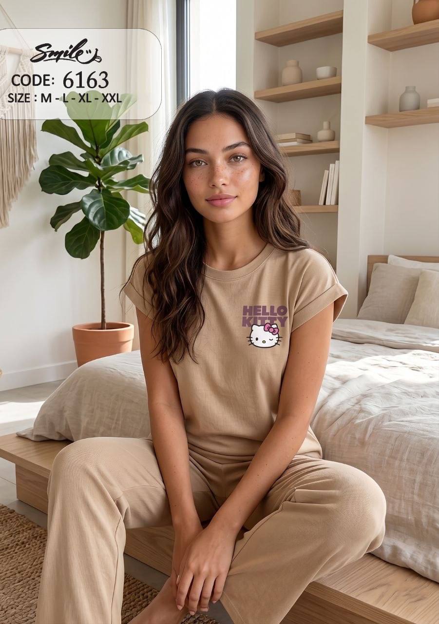 Women’s Hello Kitty Beige Cotton Pajama Set – Short Sleeve Lounge Wear | SM6163D