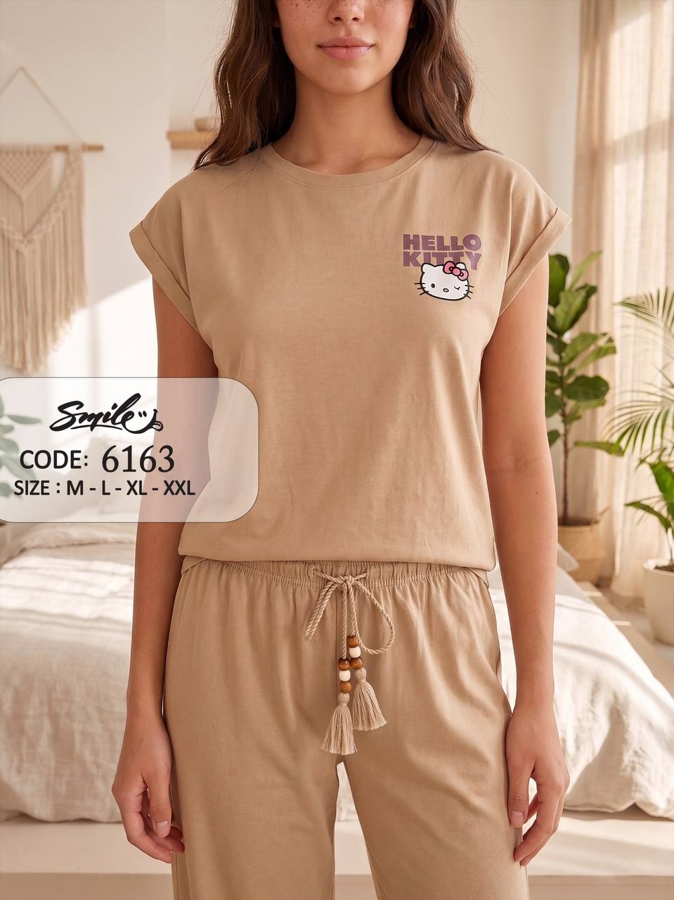 Women’s Hello Kitty Beige Cotton Pajama Set – Short Sleeve Lounge Wear | SM6163D