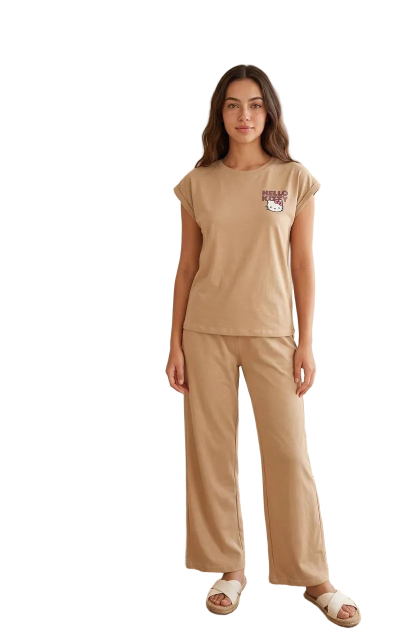 Women’s Hello Kitty Beige Cotton Pajama Set – Short Sleeve Lounge Wear | SM6163D