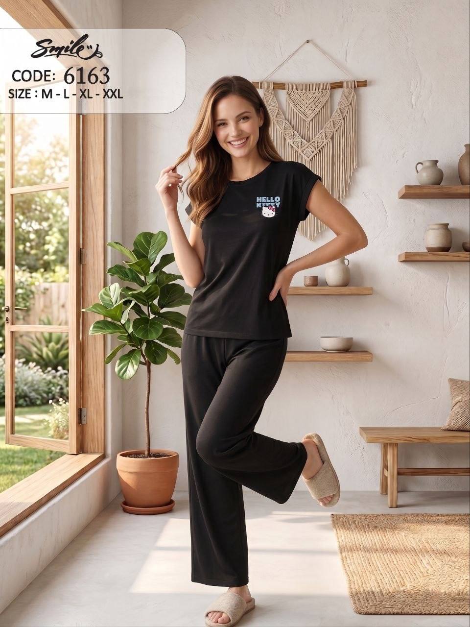 Women’s Hello Kitty Black Pajama Set – Soft Cotton Short Sleeve Top & Wide Leg Pants Lounge Sleepwear |SM6163A