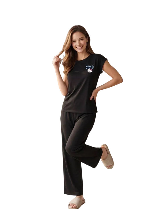 Women’s Hello Kitty Black Pajama Set – SM6163A - Soft Cotton Short Sleeve Top & Wide Leg Pants Lounge Sleepwear |SM6163A