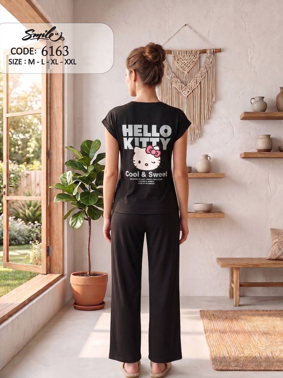 Women’s Hello Kitty Black Pajama Set – Soft Cotton Short Sleeve Top & Wide Leg Pants Lounge Sleepwear |SM6163A