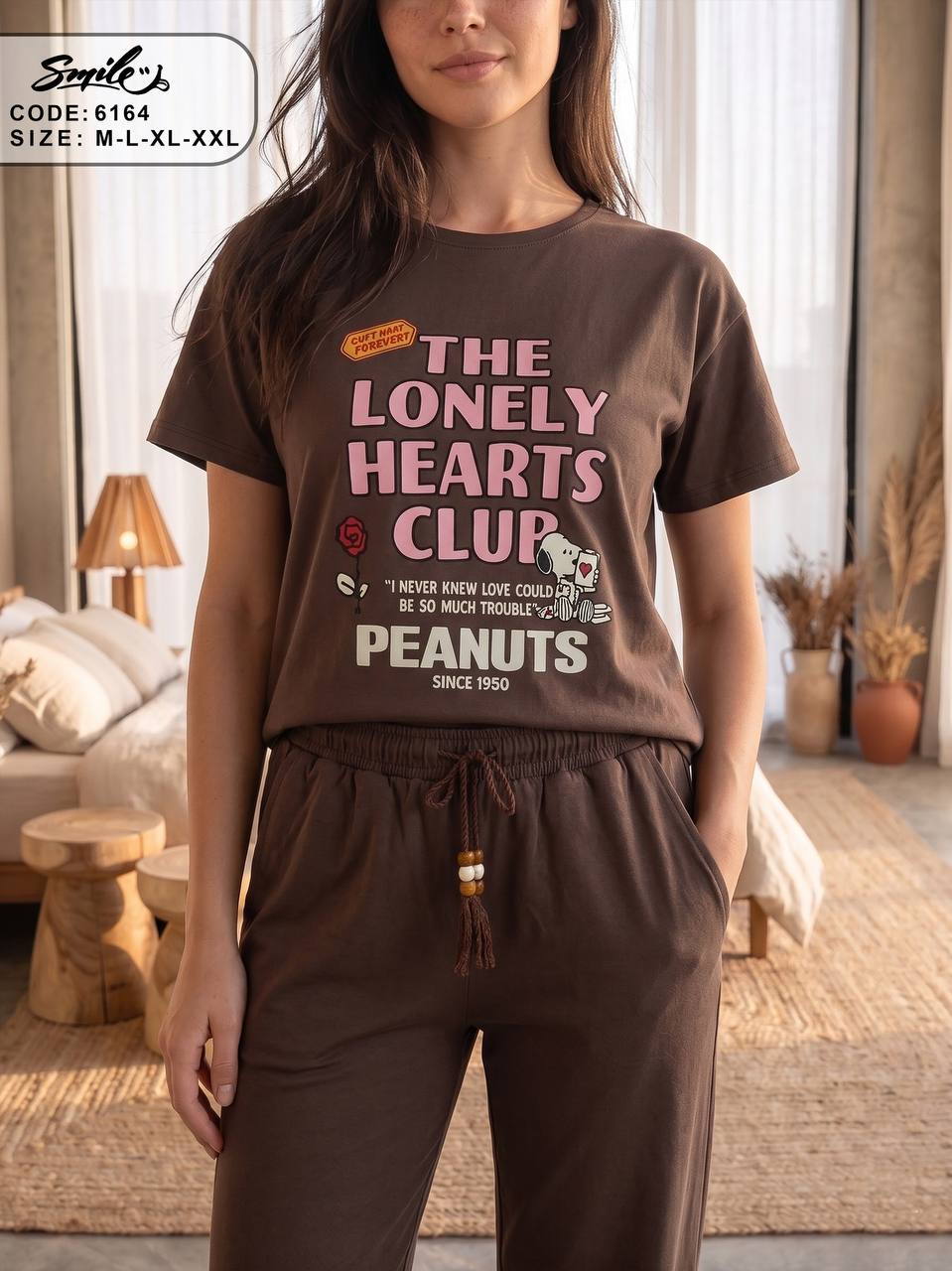Women’s Brown Peanuts Cotton Pajama Set – The Lonely Hearts Club Short Sleeve Loungewear | SM6164E