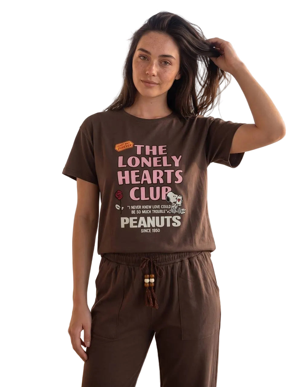 Women’s Brown Peanuts Cotton Pajama Set – The Lonely Hearts Club Short Sleeve Loungewear | SM6164E