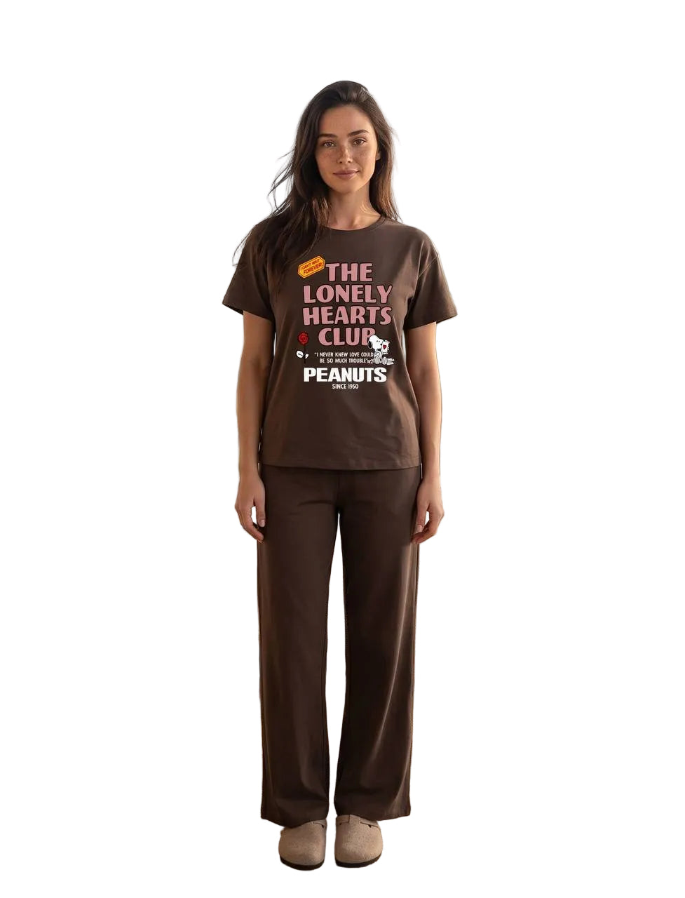 Women’s Brown Peanuts Cotton Pajama Set – The Lonely Hearts Club Short Sleeve Loungewear | SM6164E