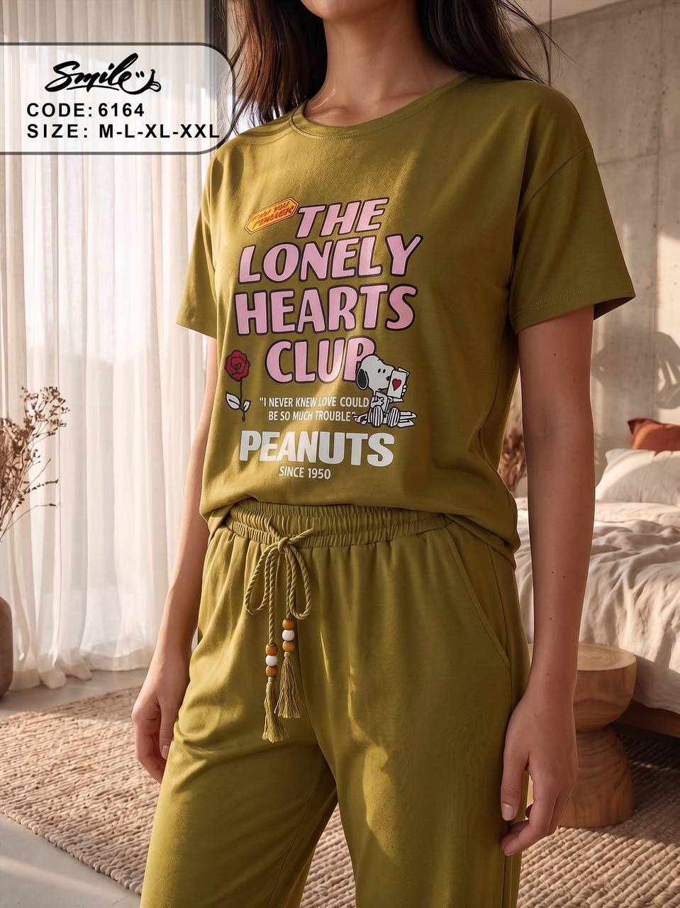 Women’s Peanuts “The Lonely Hearts Club” Cotton Pajama Set – Olive Green Short Sleeve Lounge Set| SM6164D