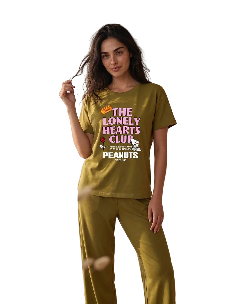 Women’s Peanuts “The Lonely Hearts Club” Cotton Pajama Set – Olive Green Short Sleeve Lounge Set| SM6164D