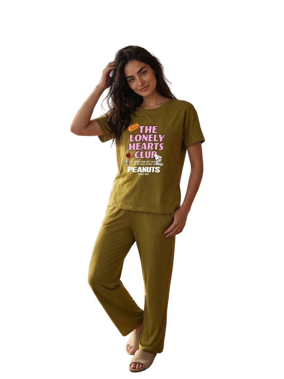 Women’s Peanuts “The Lonely Hearts Club” Cotton Pajama Set – Olive Green Short Sleeve Lounge Set| SM6164D