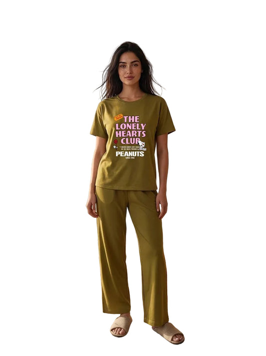 Women’s Peanuts “The Lonely Hearts Club” Cotton Pajama Set – SM6164D -Olive Green Short Sleeve Lounge Set| SM6164D