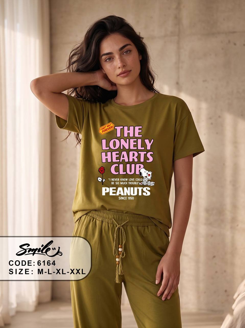 Women’s Peanuts “The Lonely Hearts Club” Cotton Pajama Set – Olive Green Short Sleeve Lounge Set| SM6164D