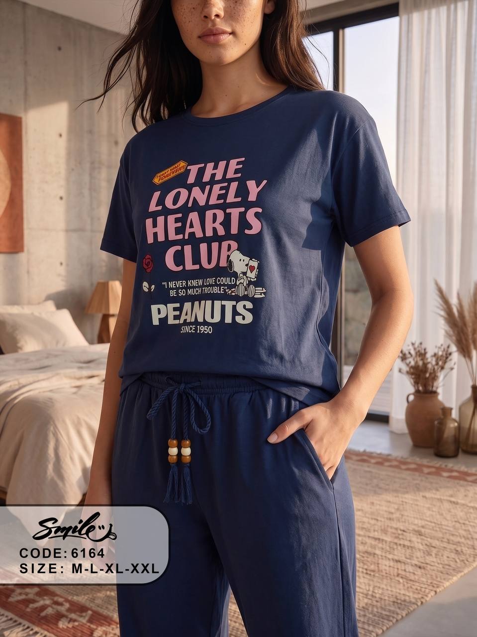 Women’s Peanuts “The Lonely Hearts Club” Cotton Pajama Set – Navy Blue Short Sleeve Loungewear | |SM6164C