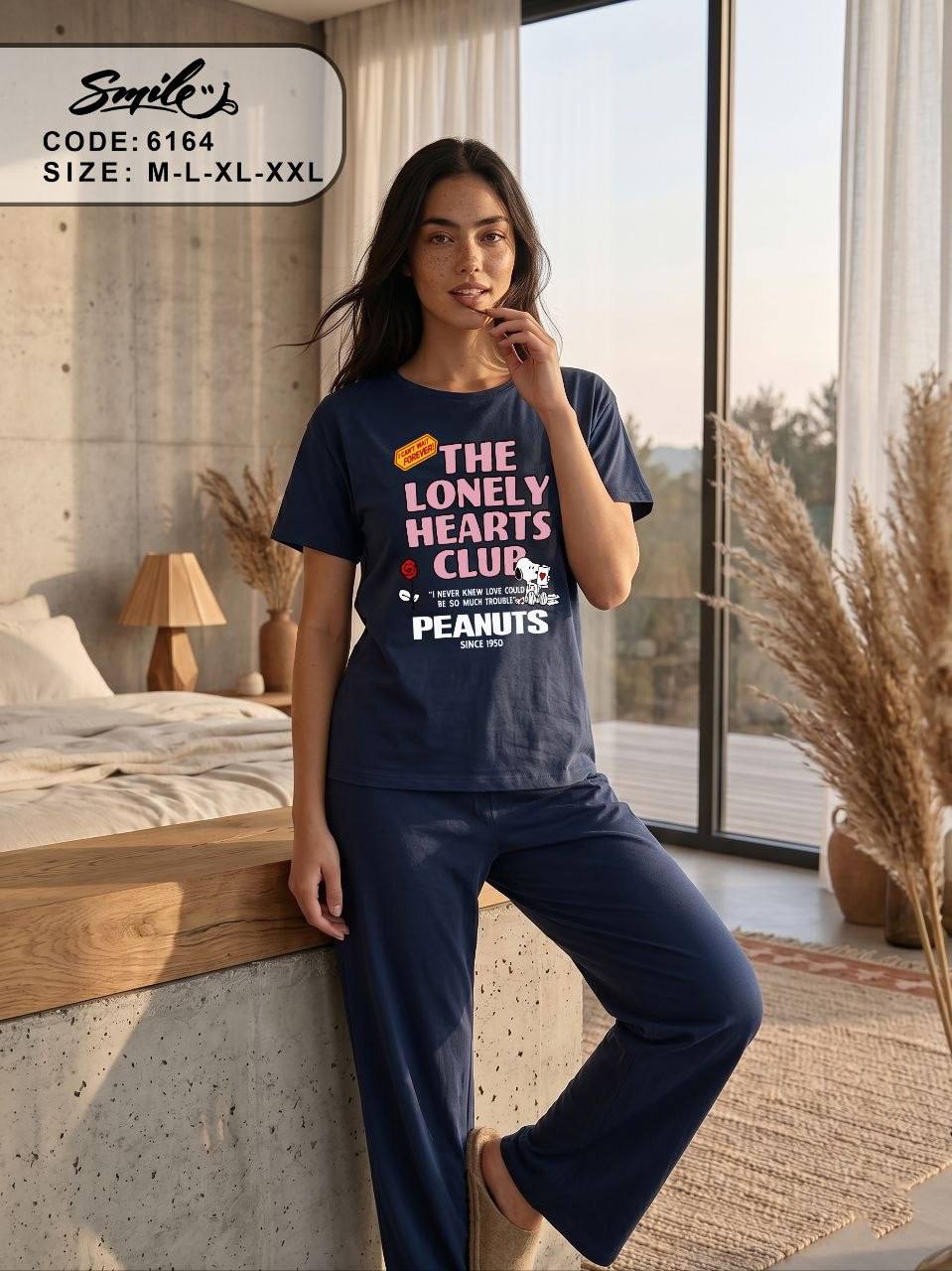 Women’s Peanuts “The Lonely Hearts Club” Cotton Pajama Set – Navy Blue Short Sleeve Loungewear | |SM6164C