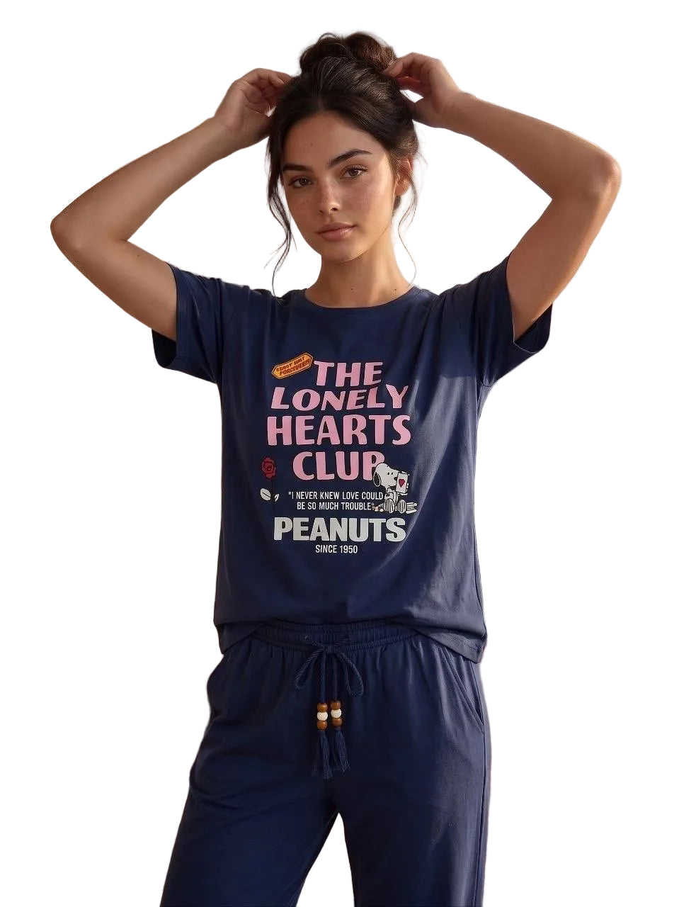 Women’s Peanuts “The Lonely Hearts Club” Cotton Pajama Set – Navy Blue Short Sleeve Loungewear | |SM6164C