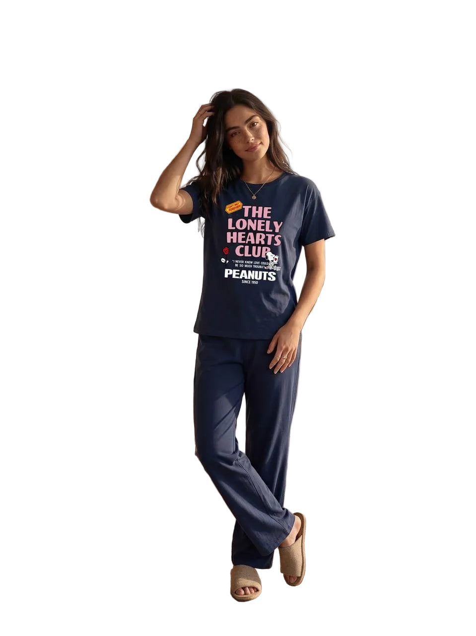 Women’s Peanuts “The Lonely Hearts Club” Cotton Pajama Set – Navy Blue Short Sleeve Loungewear | |SM6164C