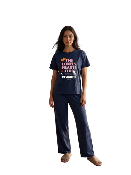 Women’s Peanuts “The Lonely Hearts Club” Cotton Pajama Set – SM6164C -Navy Blue Short Sleeve Loungewear | |SM6164C