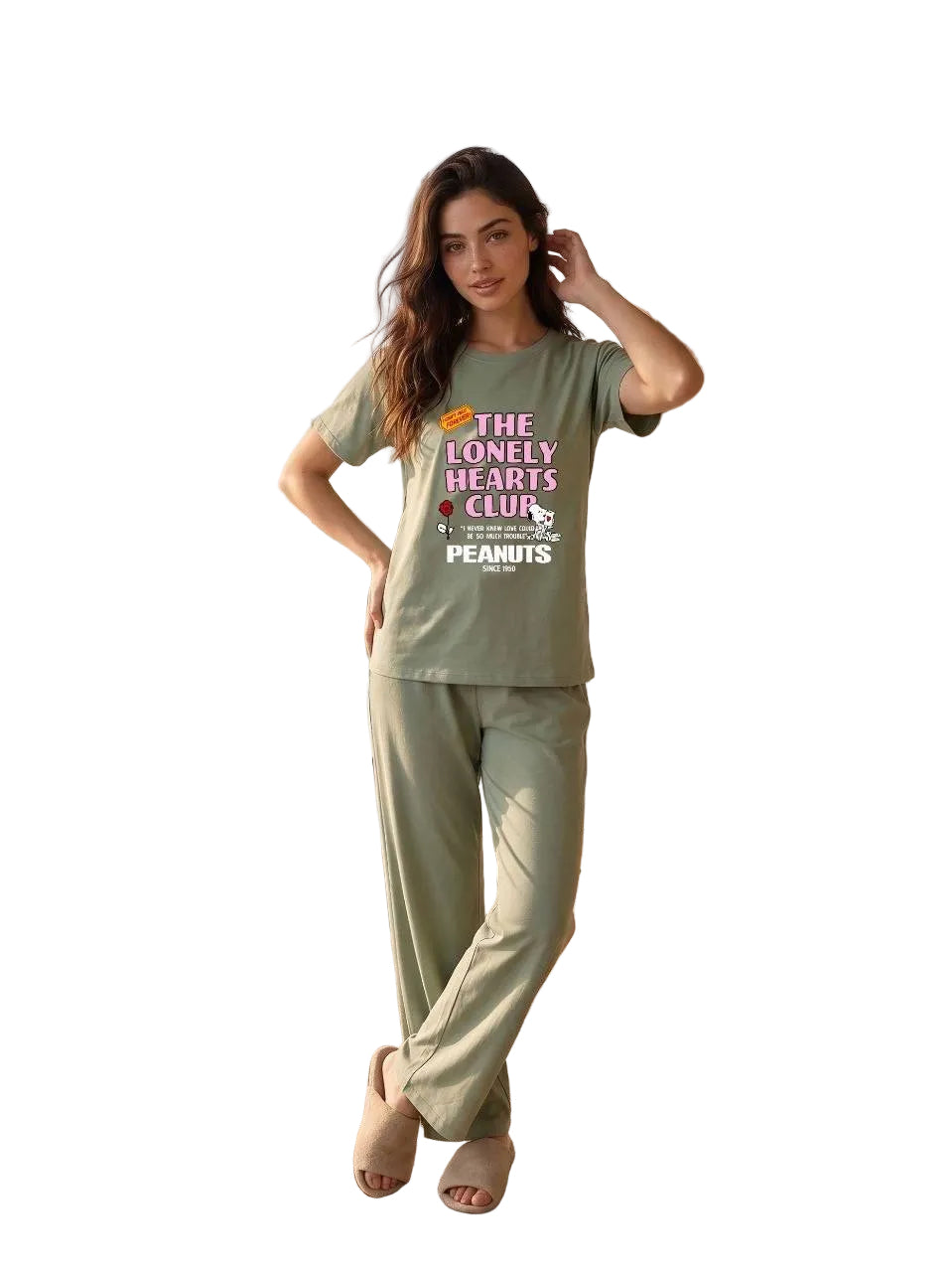 Women’s Peanuts “The Lonely Hearts Club” Cotton Pajama Set – Short Sleeve Lounge Sleepwear, Sage Green| SM6164B